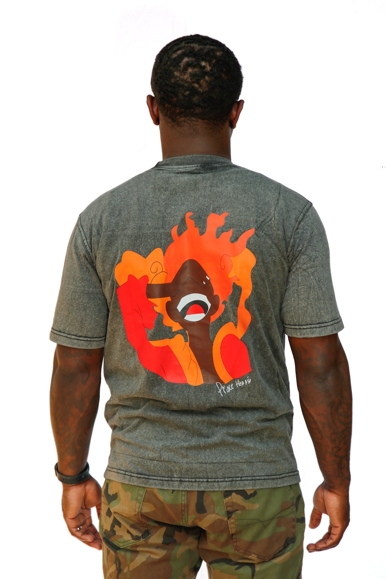 FireMan Acid Wash Print Tee in Gray